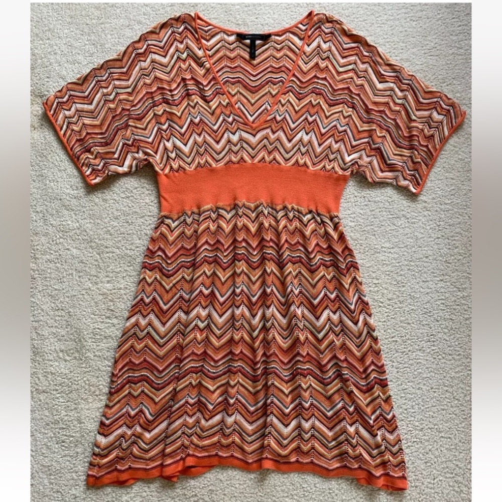 BCBG Maxazria Chevron Knit Silk Blend Mini Dress L Orange 90s Y2K Layers Coverup